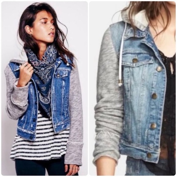 Free People Distressed Jean Jacket Womens Small Blue Gray Terry Hood Arms - Picture 8 of 11